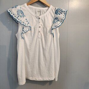 Ann Taylor Loft white cotton blue eyelet ruffle sleeve tshirt blouse top shirt